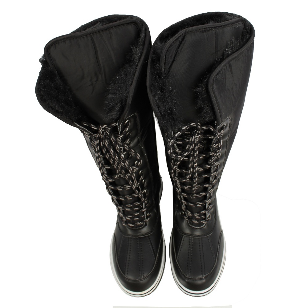 Black Nylon Lace Up Faux Fur Cuff Winter Snow Boot - Picture 4 of 8